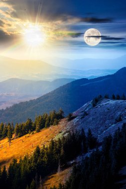 Tepedeki bir çayırda köknar ağaçları. Gündüz ve gece zaman kavramını değiştirir. Alacakaranlıkta güneş ve ay ile dağlarda kozalaklı orman. Sonbaharın başlarında dik yamaçlarda