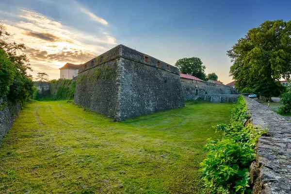 Uzhorod, Ukrayna - 11 Haziran 2017: Avrupa 'nın eski kale mimarisi. Uzhhorod kalesi Transcarpathia, Ukrayna 'da popüler bir dönüm noktasıdır. Yaz sabahı şehir manzarası