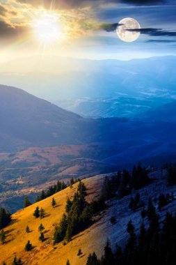 Tepedeki bir çayırda köknar ağaçları. Gündüz ve gece zaman kavramını değiştirir. Alacakaranlıkta güneş ve ay ile dağlarda kozalaklı orman. Sonbaharın başlarında dik yamaçlarda
