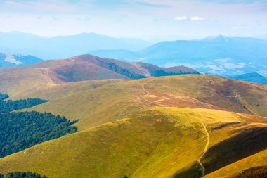 Yaz sonunda dağ turizmi için yürüyüş yolu. Ukrayna 'nın alp manzarası. Borzhava Tepesi 'nin güzel manzarası. Mavi gökyüzünün altında çimenli tepeler, öğlen ışığında bulutlar.