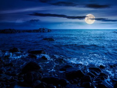 Geceleri çakıl taşı kıyısı. Güzel yaz tatili mevsimi dolunay ışığında denizde.