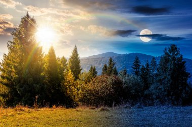 Sonbahar ekinoksunda çayırın arkasındaki kozalaklı ormanın manzarası. Gündüz ve gece zaman kavramını değiştirir. Mavi gökyüzü ve güneş ve ay ile kaplı dağ sırtı. Alp ormanları