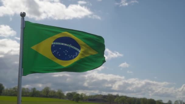 ブラジルのフラグは 青空の背景に手を振る — ストック動画