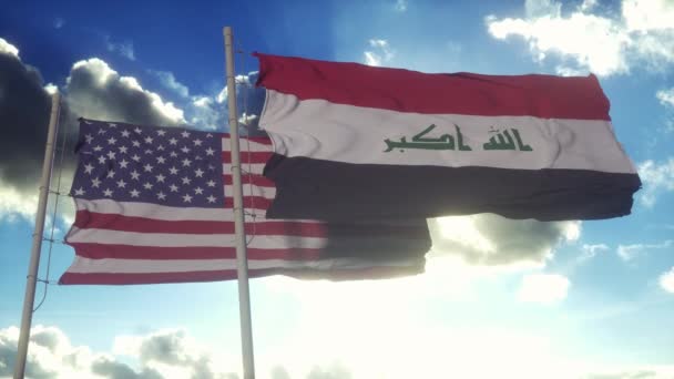 Σημαία Ιράκ Και Ηπα Κοντάρι Σημαίας Ιράκ Και Ηπα Ανεμίζουν — Αρχείο Βίντεο