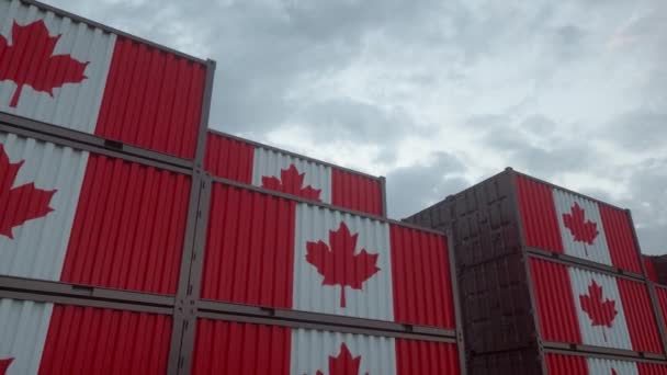 Канадські Контейнери Прапора Розташовані Контейнерному Терміналі Канада Експортує Або Імпортує — стокове відео