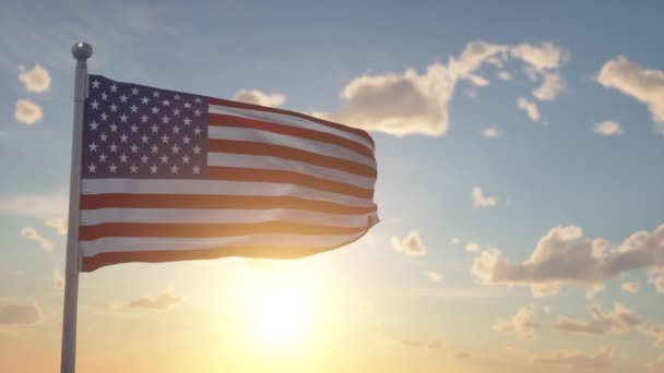 Σημαία Των Ηπα Κυματίζει Περήφανα Στον Άνεμο Τον Ήλιο Πίσω — Αρχείο Βίντεο