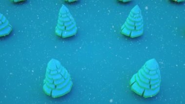 Mavi arka planda dönen Noel ağaçları. Noel ve Mutlu Yıllar konsepti. Isometric döngü canlandırması.