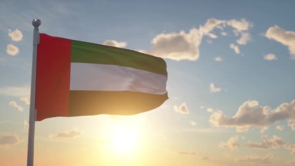太陽の背景に手を振ってアラブ首長国連邦の旗 — ストック動画