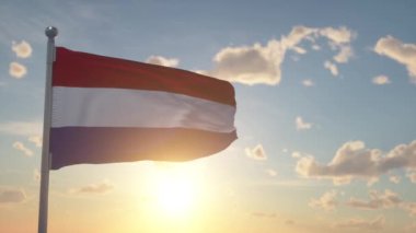 Hollanda bayrağı rüzgarın arka planında dalgalanıyor. Hollanda 'nın ulusal bayrağı.