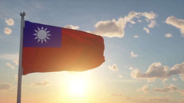 風の空の背景に手を振ってポールに台湾の旗 台湾の国旗 — ストック動画