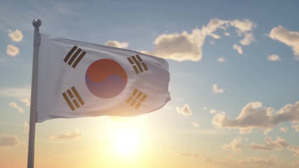 Σημαία Της Νότιας Κορέας Στύλο Κυματίζει Στο Φόντο Του Ουρανού — Αρχείο Βίντεο