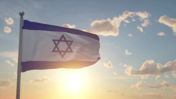 Izraelská Vlajka Tyči Vlnící Pozadí Větrné Oblohy Izraelská Národní Vlajka — Stock video