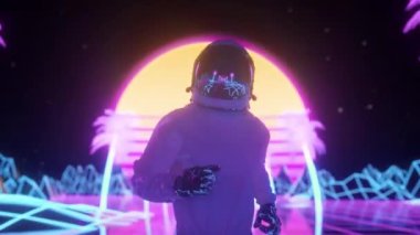 Astronot yanıp sönen neon ışıklarla çevrilidir. Retro 80 'ler stili sentetik dalga arkaplanı.