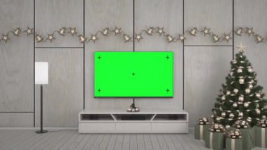 Televizyonlu Noel Salonu. Televizyon model ekranı. Boş yeşil arkaplan ile TV ekranı.
