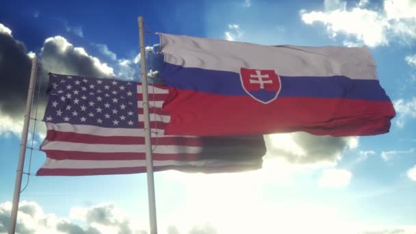 スロバキアとアメリカ合衆国は旗竿に旗を掲げる スロバキアとアメリカ合衆国の風の中でフラグを振って スロバキアとアメリカの外交概念 — ストック動画