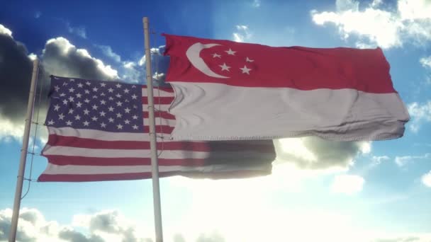 Флаг Сингапура Сша Флагштоке Сингапур Сша Размахивают Флагом Ветру Дипломатическая — стоковое видео