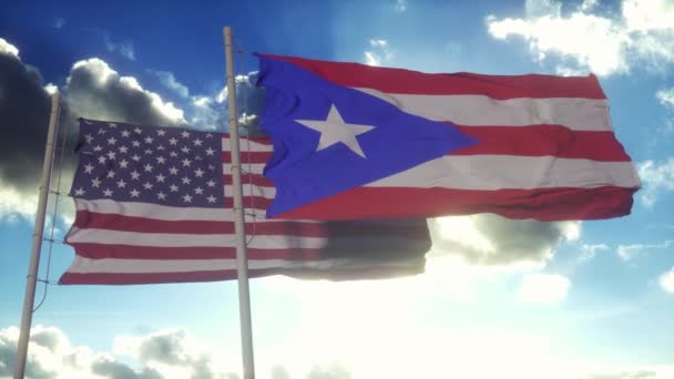Пуерто Рико Прапор Сша Флагштоку Пуерто Рико Сша Розмахують Прапором — стокове відео