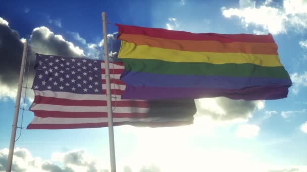 Vinka Nationell Flagga Usa Och Hbt Regnbåge Flagga Bakgrund — Stockvideo