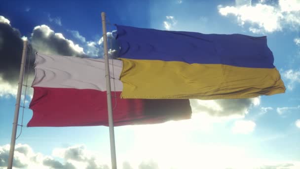 Flaga Polska Ukraińska Maszcie Flagowym Polska Ukraina Machają Flagą Wietrze — Wideo stockowe