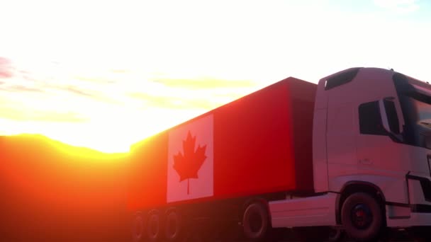 Caminhões Canadá Carregando Descarregando Doca Armazém Caminhões Carga Com Bandeira — Vídeo de Stock