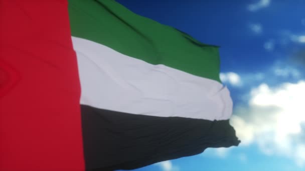 Bandera Emiratos Árabes Unidos Eau Ondeando Viento Contra Hermoso Cielo — Vídeo de stock