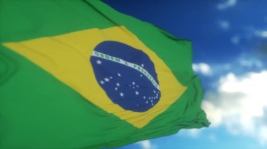 Brezilya 'nın gerçekçi bayrağı derin mavi gökyüzüne karşı rüzgarda dalgalanıyor.