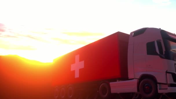 Lastbilar Med Schweizisk Flagg Lastbilar Från Schweiz Lastning Eller Lossning — Stockvideo