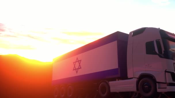 Camiones Carga Con Bandera Israel Camiones Israel Cargando Descargando Muelle — Vídeo de stock