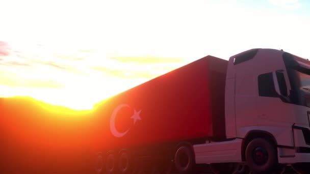 Camiones Carga Con Bandera Turquía Camiones Desde Turquía Cargando Descargando — Vídeos de Stock
