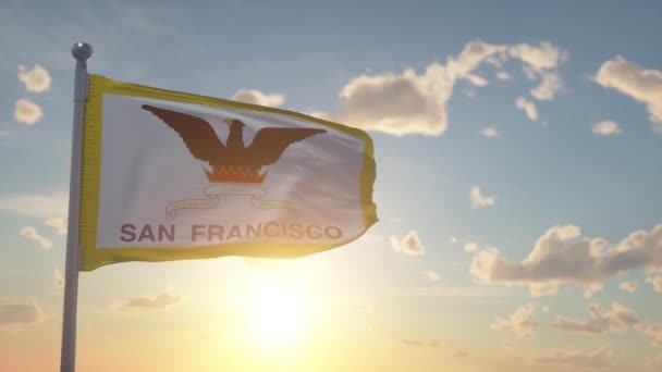 San Francisco Vlag Californië Zwaaiend Wind Hemel Zon Achtergrond — Stockvideo
