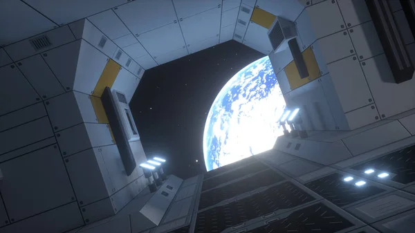 宇宙船の廊下 宇宙船のトンネル Sfシャトル回廊を飛んでいます 3Dイラスト — ストック写真