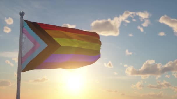 Σημαία Προόδου Λοατ Rainbow Κυματίζει Στον Άνεμο Τον Ουρανό Και — Αρχείο Βίντεο