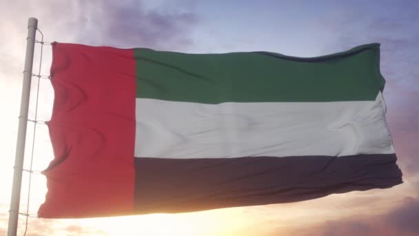 Flag United Arab Emirates Waving Wind Sky Sun Background — Stock Video