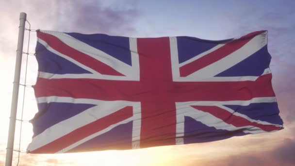英国国旗在风 天空和阳光的背景下飘扬 联合王国国旗录像 — 图库视频影像