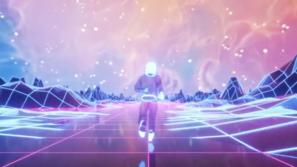 Astronaut Löper Omgiven Blinkande Neonljus Retro Stil Synthwave Bakgrund — Stockvideo