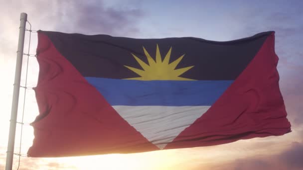 Antigua Und Barbuda Flagge Wehen Wind Himmel Und Sonne Hintergrund — Stockvideo