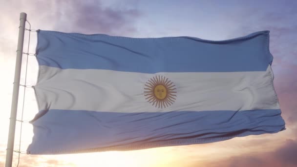 Argentina Bandiera Sventola Nel Vento Cielo Sole Sfondo — Video Stock