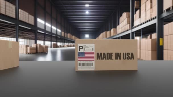 Schachteln Mit Den Usa Hergestelltem Text Auf Rollenbahnen Amerikanische Waren — Stockvideo