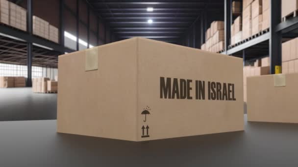 输送机上装有Israel文字的盒子 与易受攻击的以色列货物3D动画 — 图库视频影像