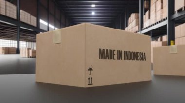 Indonezya metninde konveyör üzerine yapılmış kutular. İsrail malları ile ilgili döngüsel 3D animasyon.