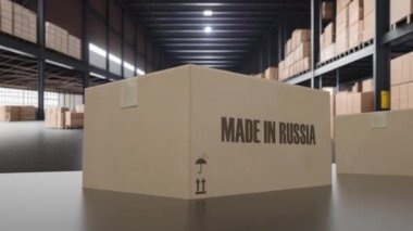 Boxes with MADE IN RUSSIA text on conveyor. Russian goods related loopable 3D animation.