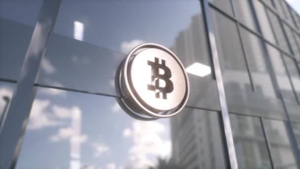 Bitcoin Kryptowaluta Znak Nowoczesnym Wieżowcu Szkła Pojęcie Nowoczesnego Biznesu Finansów — Wideo stockowe