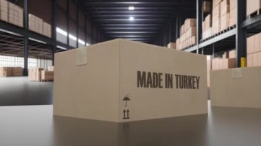 Taşıyıcı üzerinde TURKEY metni yapılmış kutular. Türk malları ile ilgili 3D döngü animasyonu.