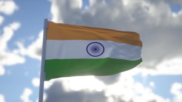 Realistische Vlag Van India Wapperend Wind Tegen Diep Blauwe Lucht — Stockvideo