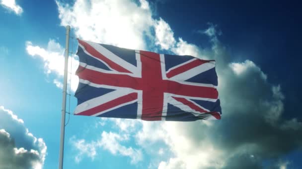 英国国旗在风 天空和阳光的背景下飘扬 联合王国国旗 — 图库视频影像
