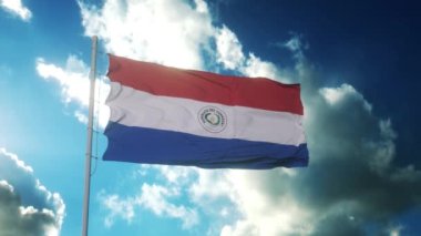 Paraguay 'ın yüksek detaylı bayrağı. Ulusal Paraguay bayrağı. Güney Amerika. Paraguay gökyüzünde bayrak sallıyor.