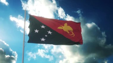 Flag of Papua New Guinea waving at wind against beautiful blue sky.