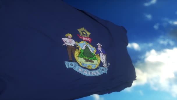 Флаг Мэна Размахивающий Ветру Голубое Небо — стоковое видео