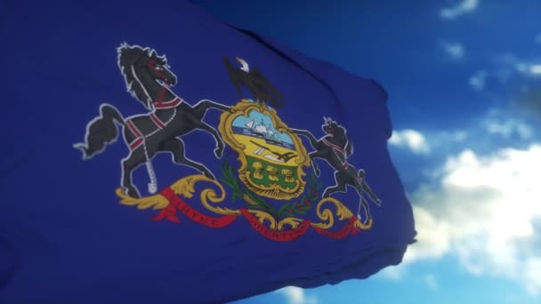 Bandera Pensilvania Asta Bandera Ondeando Viento Fondo Azul Del Cielo — Vídeos de Stock