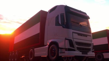 BAE bayrağı taşıyan kargo kamyonları. Birleşik Arap Emirlikleri 'nden kamyonlar depoya yükleme ya da boşaltma yapıyor. 3d illüstrasyon.